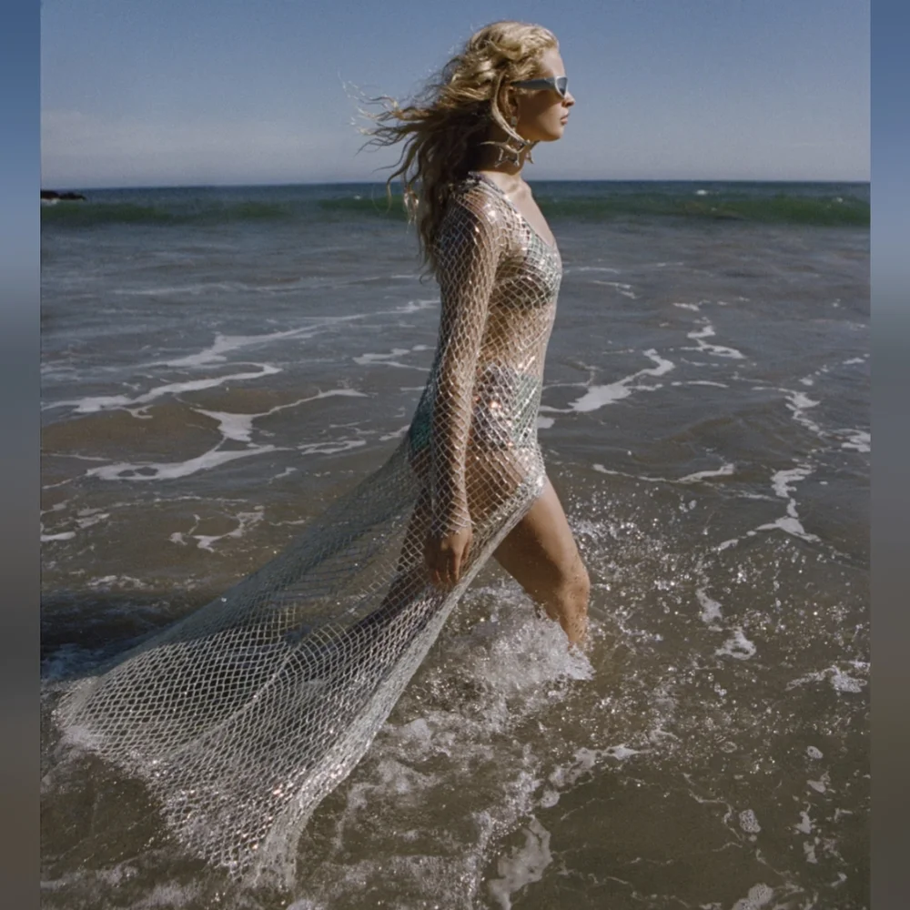 For Love & Lemons Iridescent Silver Mesh Backless Cover-Up - Picture 7 of 10